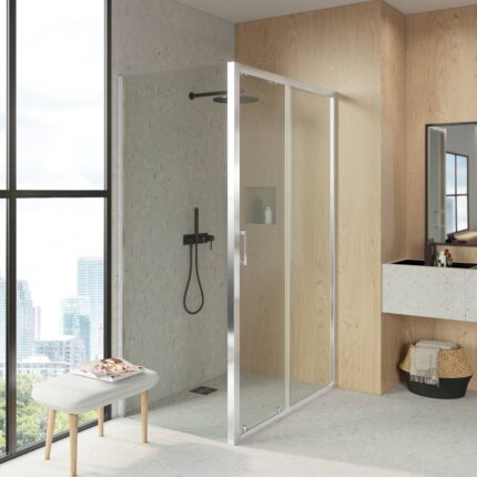 Mampara F2 para ducha rectangular con perfil inferior de 2 hojas fijas + 1 hoja corredera
