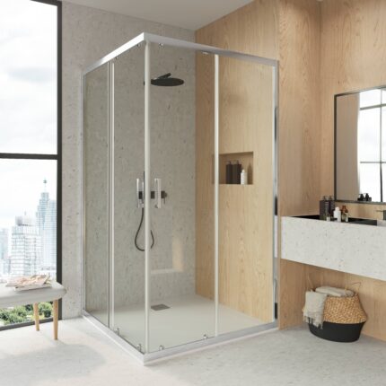 Mampara F2 para ducha rectangular con perfil inferior de 2 hojas fijas + 2 hojas correderas